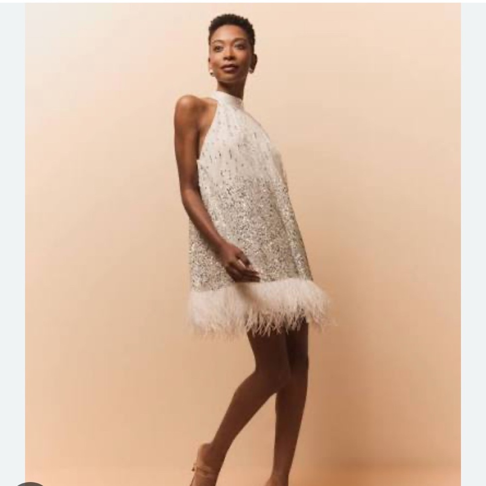 Alice + Olivia White Feathered Dress